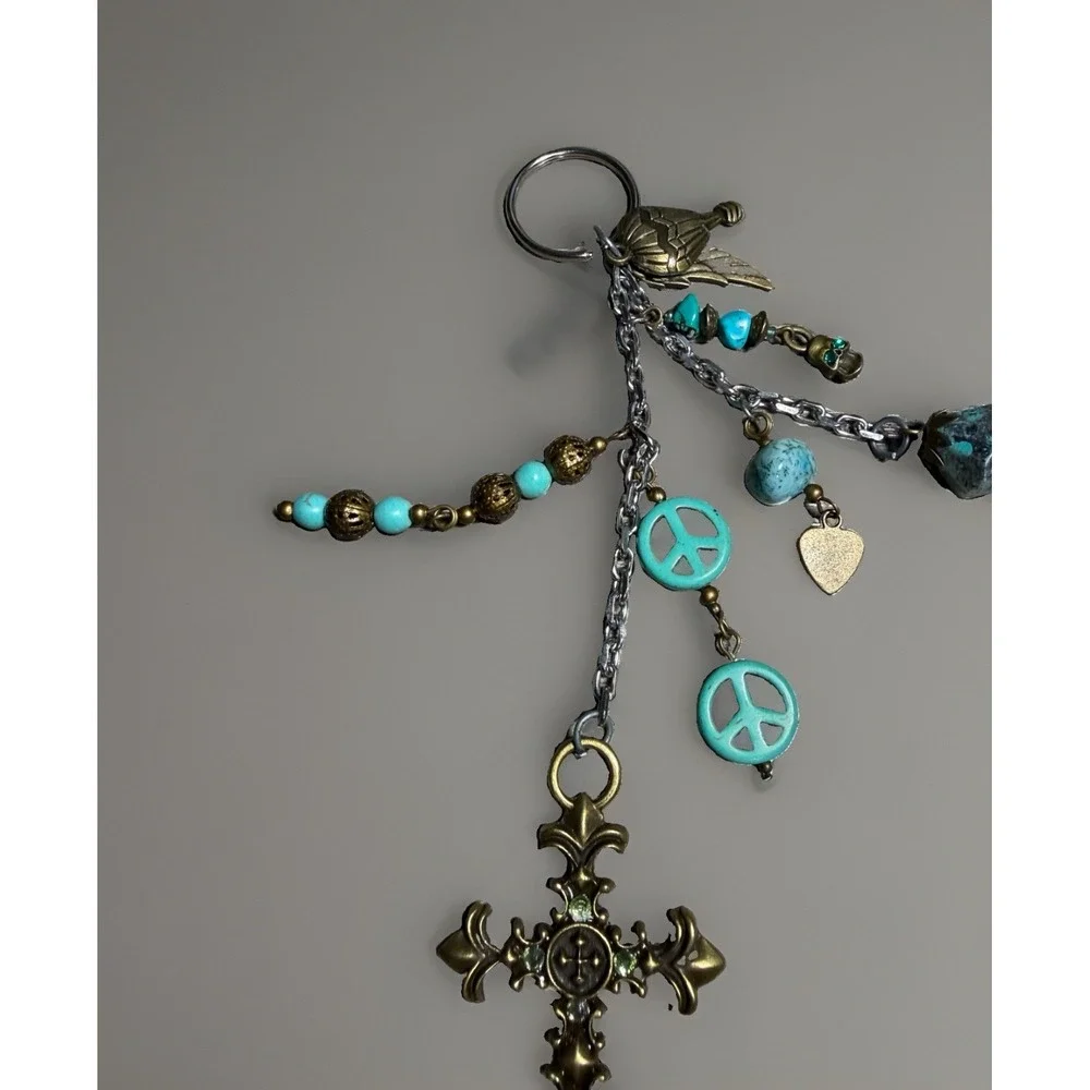 Vintage Cross Jade Patina Charm Keychain Peace Heart Bird Religious Accessory